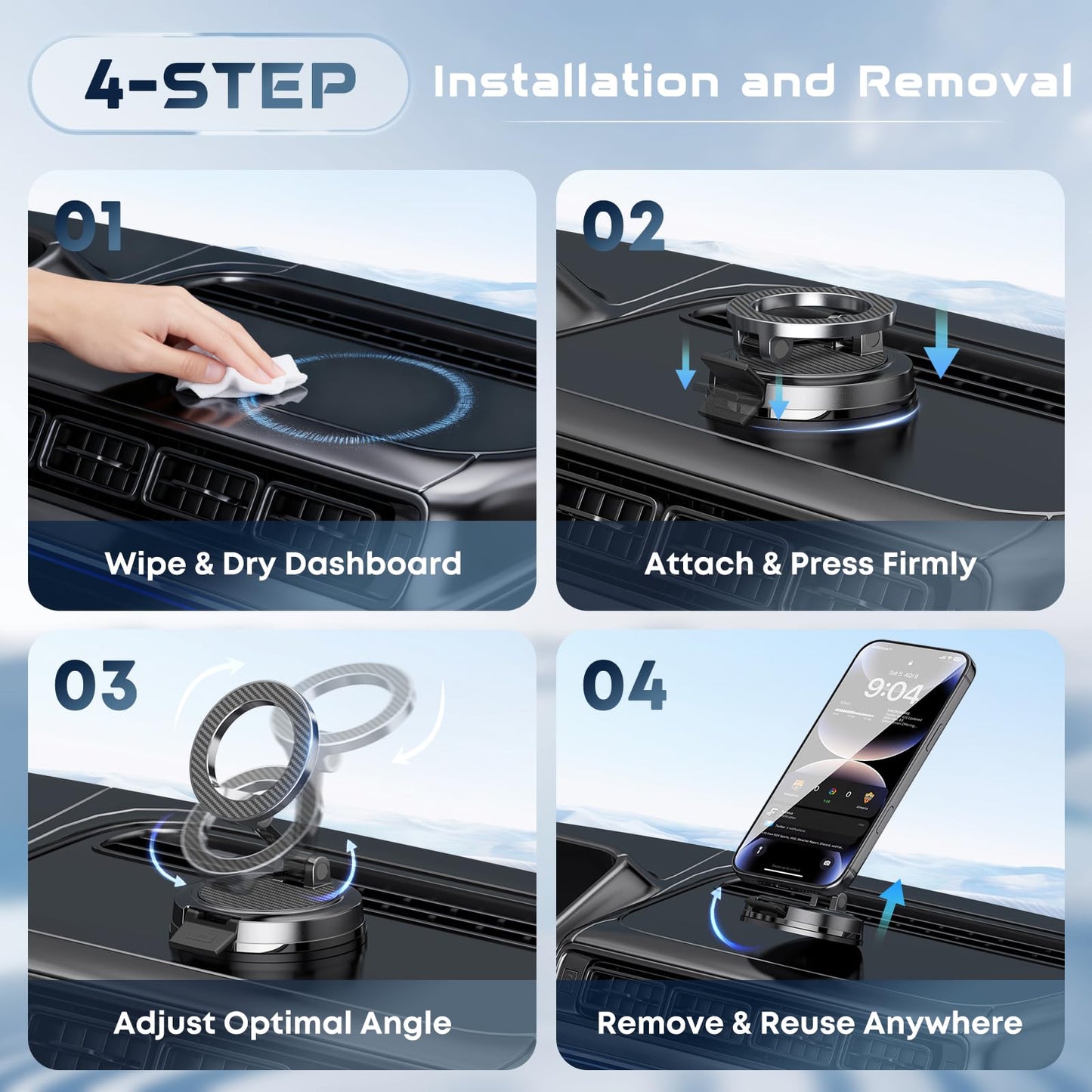 Beniduck Strong Magnetic Phone Holder for Car & Desk, Compatible with MagSafe, Secure Lock, Universal 360° Rota-Table Car Phone Mount for Dashboard, Glass, Table, Carbon Fiber