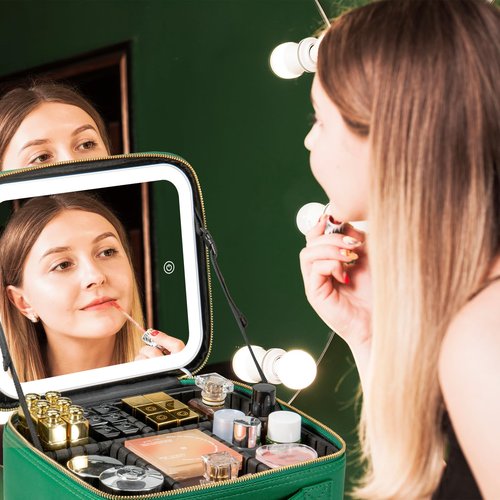 Seoneiro Makeup Travel Bag with LED Lighted Mirror Adjustable Brightness Portable Waterproof Makeup Case with Adjustable Dividers, Make up Train Case Organizer Makeup Brush Accessories and Tool Case