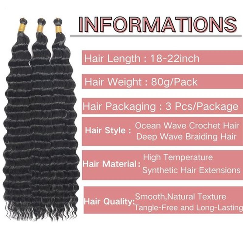 Ocean Wave Crochet Hair 18 inch 3packs Deep Wave Crochet Hair Synthetic Wave Curly Braiding Hair Extensions Ocean Wave Braiding Hair for Black Women (18 inch, 1B)