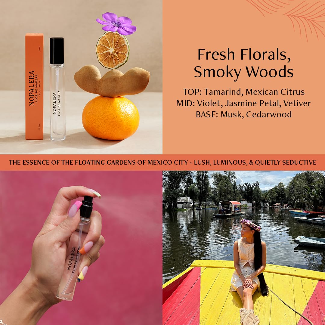 Nopalera Flor de Madera Eau de Parfum Travel Spray, Fresh Floral Woody Perfume with Tamarind, Mexican Citrus, Jasmine, Vetiver, Musk and Cedarwood, Clean Fragrance, Free from Pthalates 10ml