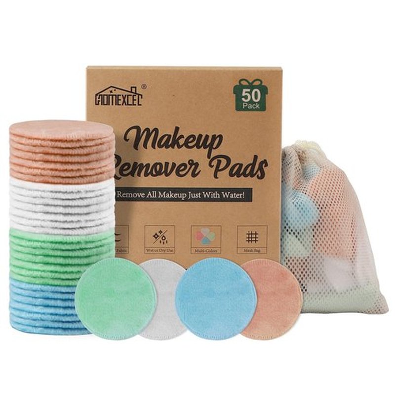 HOMEXCEL Reusable Makeup Remover Pads 50 Pack, Makeup Remover Cloth Face Pads for Facial Cleansing-Soft Cotton Rounds for All Skin Types with Laundry Bag (Pink-Blue-Green-White)