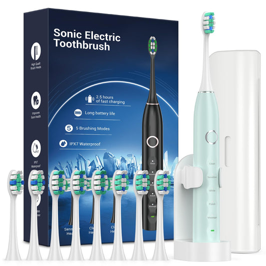Rtauys S5 Sonic Electric Toothbrush for Adults with 8 Brush Heads, IPX7 Travel Electric Toothbrush with Travel Case, 2.5 Hours Charge for 120 Days, 5 Modes with 2 Minutes Built in Smart Timer Green