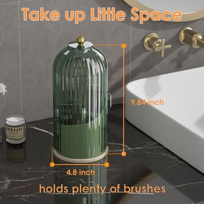 YOOLENS Makeup Brush Holder Organizer with Lid,360 Rotating Clear Dustproof Makeup Brushes Organizer for Vanity Desktop Bathroom Countertop, Green Beige