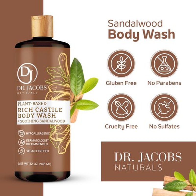 Dr Jacobs Naturals Pure Castile Liquid Soap Body Wash - Great to Put Into a Liquid Soap Dispenser for Bathroom(Sandalwood, 16 Oz (Pack of 2))