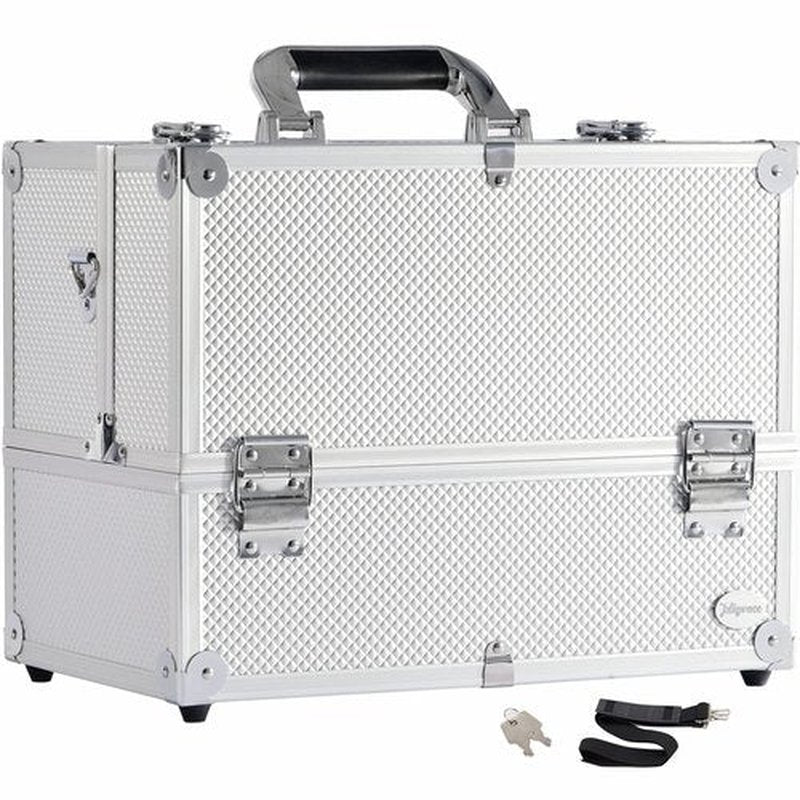 Joligrace Extra Large Makeup Train Case 6 Tray Make Up Artists Organizer Box Lockable Cosmetic Jewelry Toiletries Carrier Crafters Tool Cases with Adjustable Dividers & Shoulder Strap - Silver