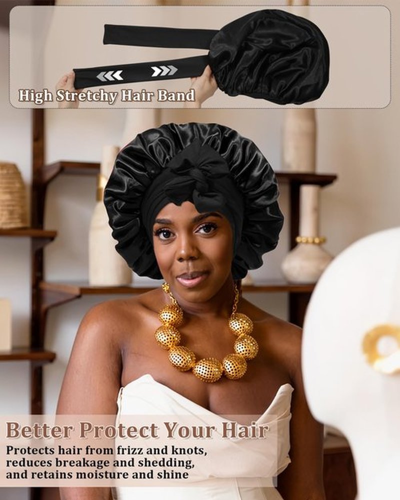 Reversible Satin Bonnet for Sleeping Women Silk Bonnet Double Layer Hair Bonnet with 2PCS Hair Scrunchies Elastic Tie Band Night Cap Hair Wrap for Natural Curly Hair (Black+Red)