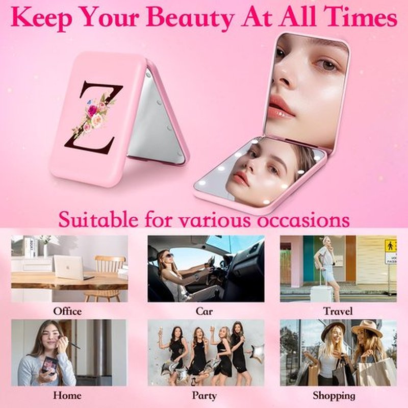 KEWWADB Travel Mirror with Lights, Initials Portable Compact Mirror, Travel Essentials, Suitable for Teen Girls, Young Women Gifts Ideas, Birthdays Gifts(Pink) (Z)