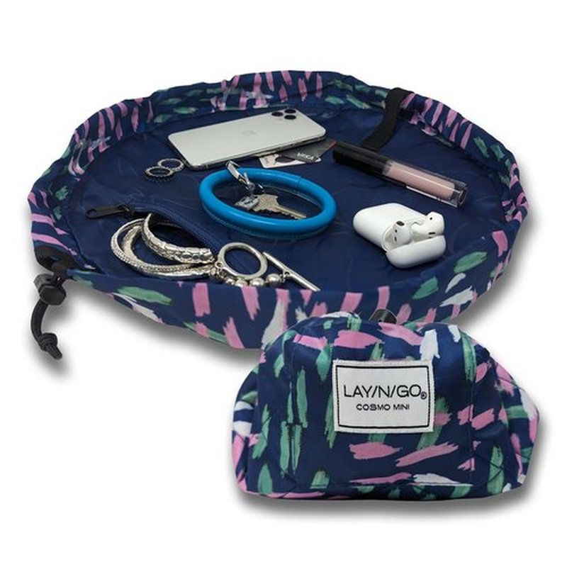 Lay-n-Go Cosmo Drawstring Cosmetic & Makeup Bag Organizer - Portable Drawstring Makeup Bag w/Zipper Pocket & More - Durable, Machine Washable Makeup Bag for Travel (16”, Crossmark)