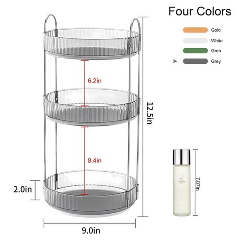 YCIA&DONE 360 Rotating Makeup Organizer and Storage for Vanity Countertop 3 Tiers, High Capacity Cosmetic Skincare Perfume Organizer for Dresser Bathroom Lazy Susan Organizer(Smoky Gray)