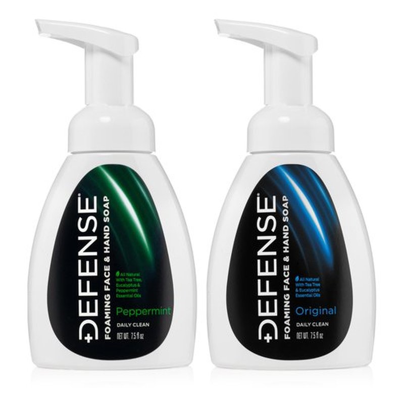 Defense Liquid Foaming Face & Hand Soap, Original + Peppermint 7.5 Fl Oz Combo with Tea Tree, Eucalyptus, Jojoba, Aloe Vera, Olive & Coconut Oils