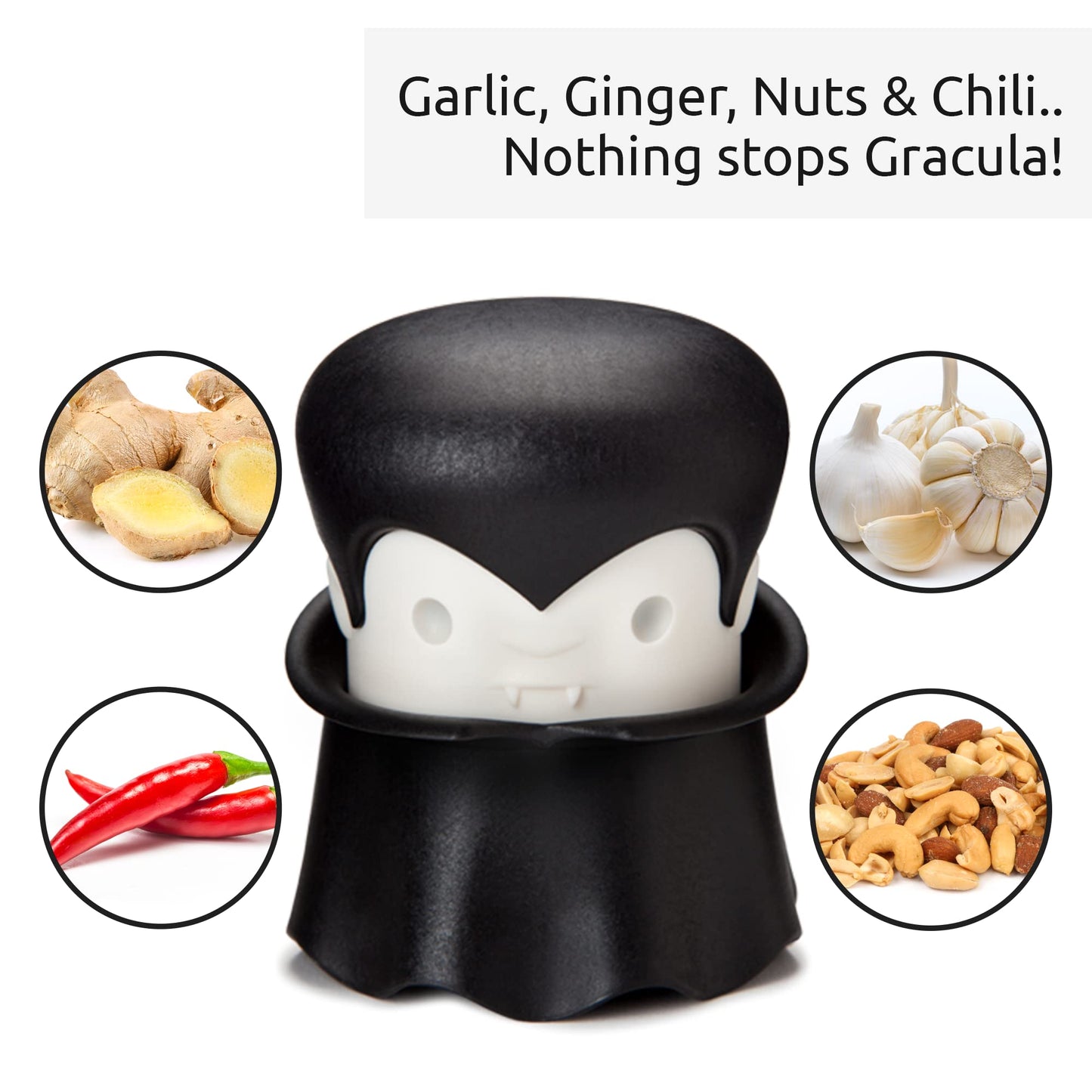 OTOTO Gracula Garlic Press, Garlic Crusher, Garlic Mincer, Also for Ginger, Nuts, Chili, Herbs - Twist Top Mincer & Easy Squeeze Manual Press Peeler, Goth Gifts