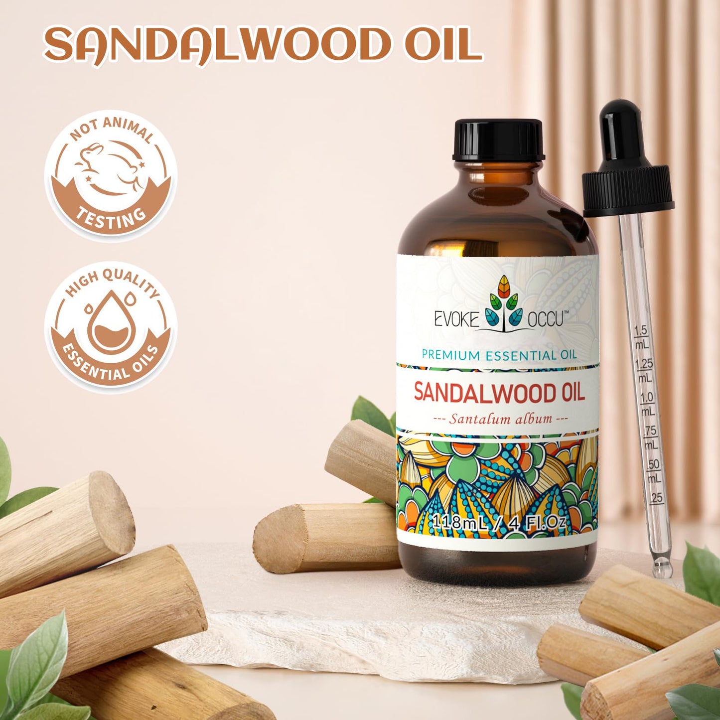 EVOKE OCCU Sandalwood Essential Oils for Skin Care, Diffuser, Perfume, Candle and Soap Making - 4 FL Oz