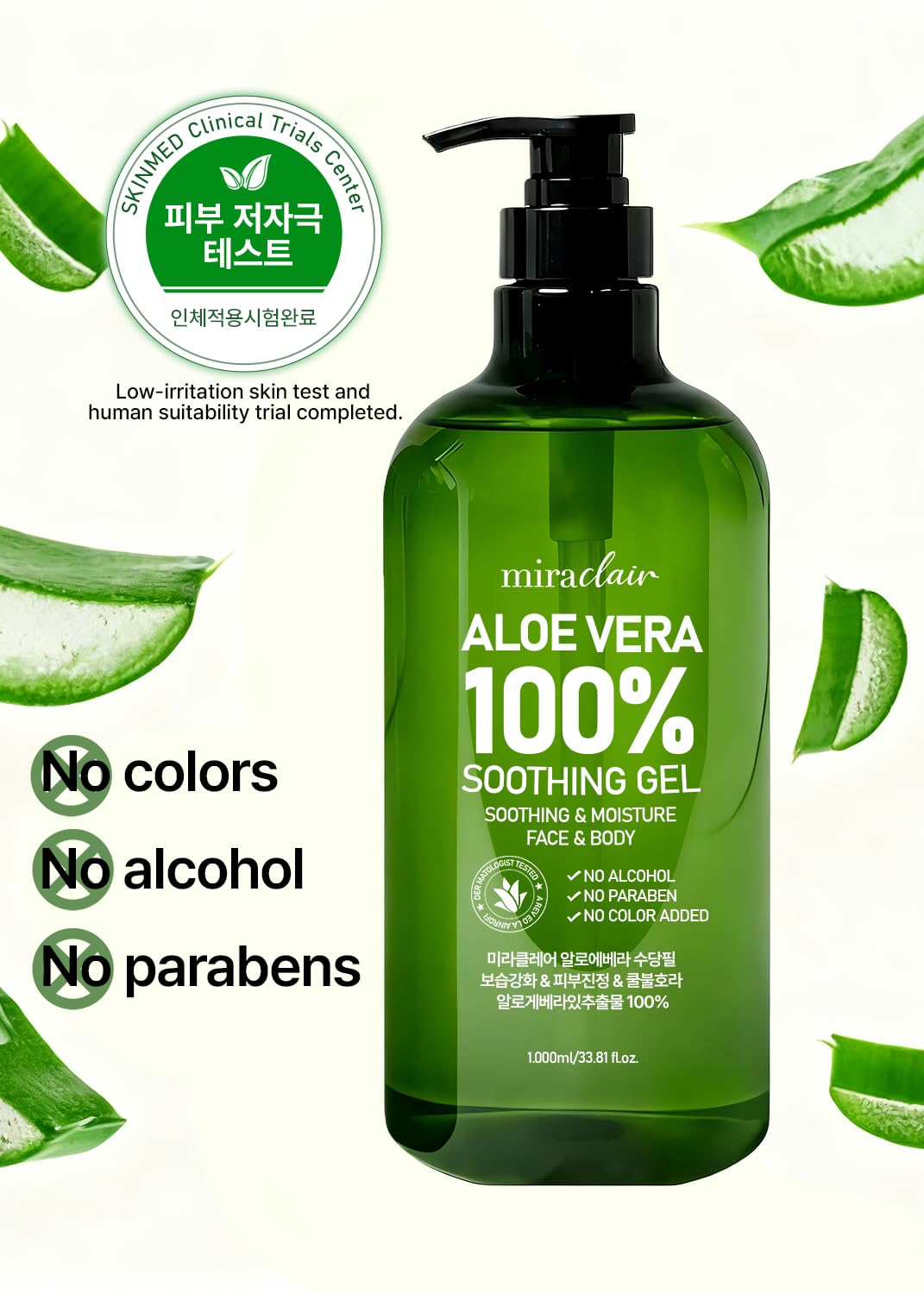MIRACLAIR 100% Pure Aloe Vera Soothing Gel – Aloe Vera Gel 1000ml, Moisturizing & Calming Skin Care for Face & Body Hair 33.81 fl oz