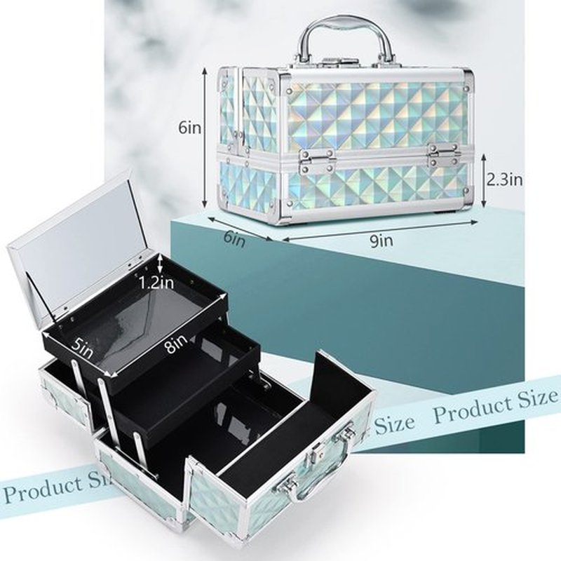 FRENESSA Makeup Train Case Portable Cosmetic Box Makeup Case Organizer with Mirror 2 Trays Lockable Makeup Storage Box for Cosmetologist, Makeup Tools, Craft Travel Cosmetology Case Blue