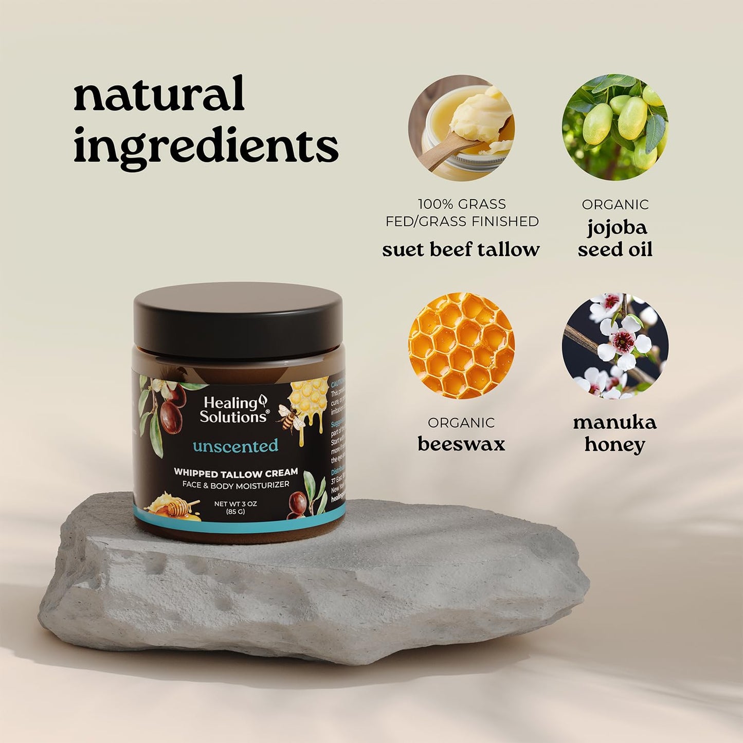Healing Solutions - Whipped Tallow Balm, 100% Grass Fed/Grass Finished Beef Tallow with Organic Jojoba & Manuka Honey for Skin, Face & Body, All Natural Moisturizer Cream, Made in USA