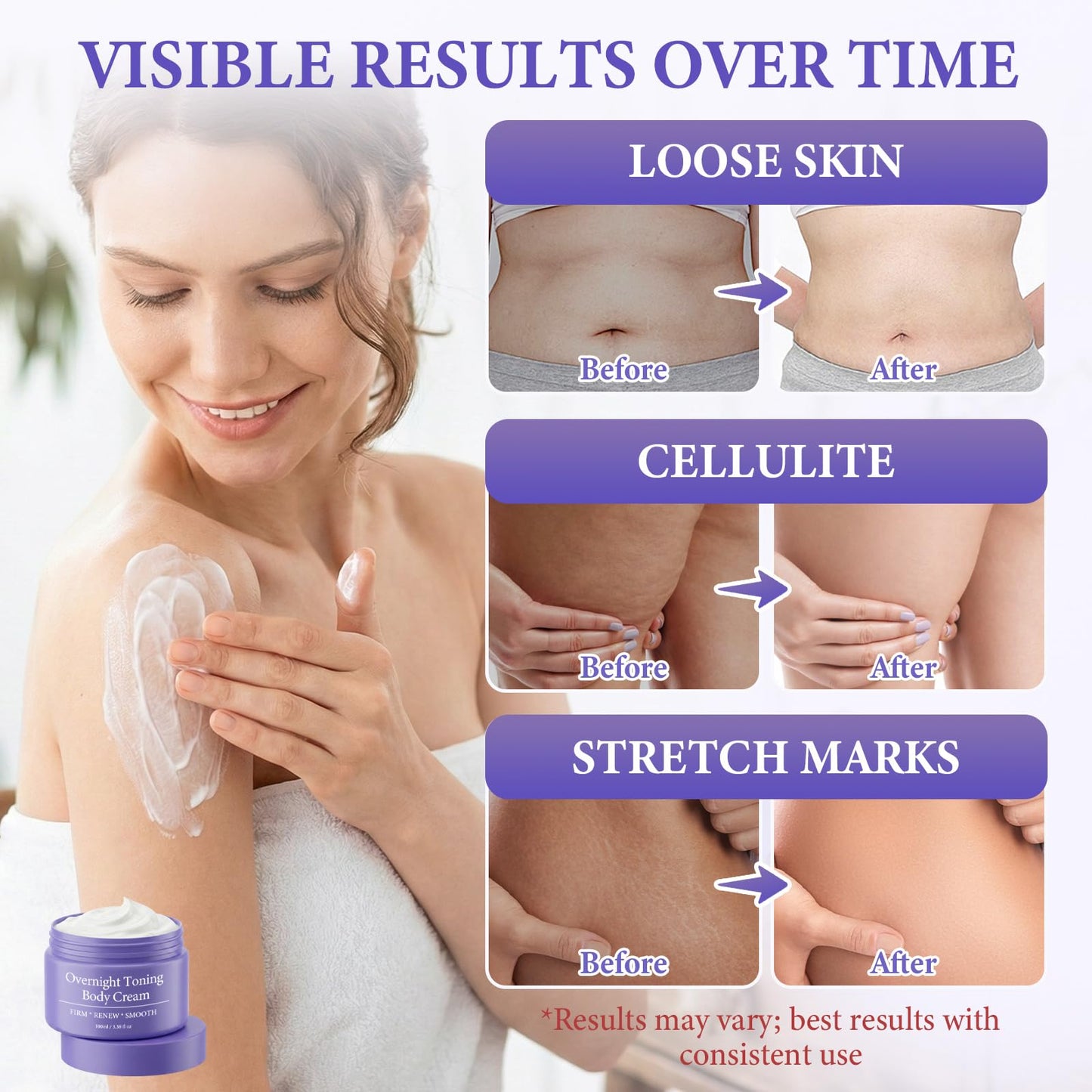 Bellisinno Overnight Toning Whip, Firming Body Cream to Help Improve the Appearance of Loose Skin and Uneven Texture on Belly, Booty, Arms and Thighs, Hydrating Whipped Formula, 3.38 Fl Oz