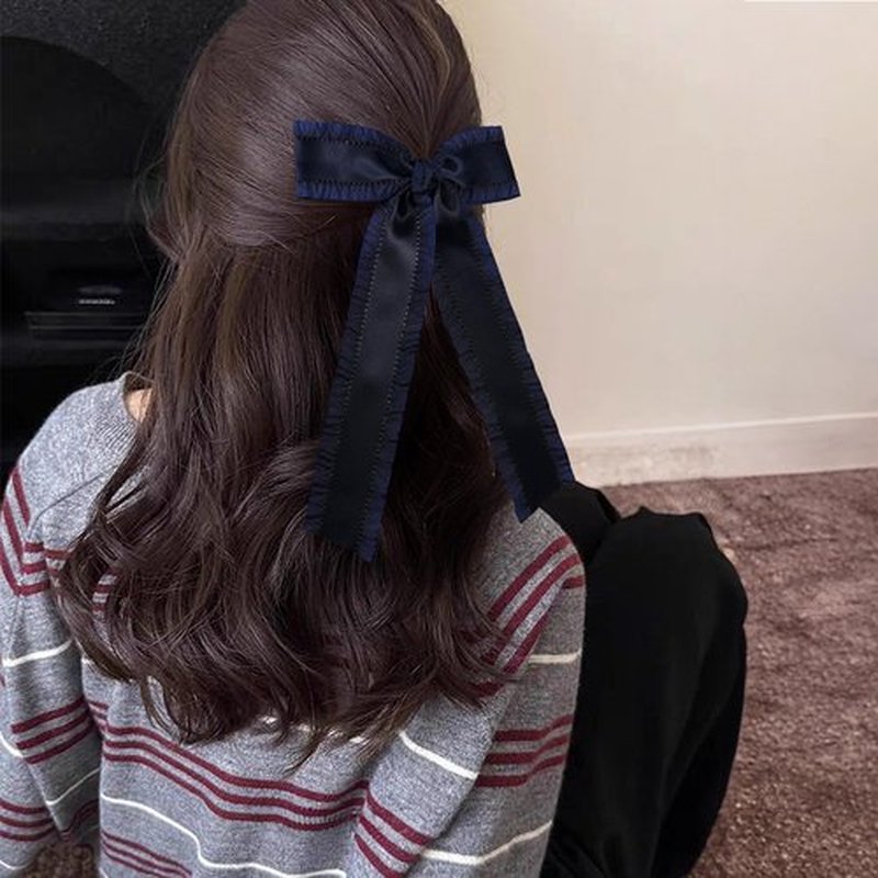 Big Silky Satin Hair Bows Hair Clip Navy Blue Ruffle Ribbon Ponytail Holder Decor Accessories with Long Tail Slides Metal Clips Hair Bow for Women Girls Toddlers Teens Kids 5.5 Inch