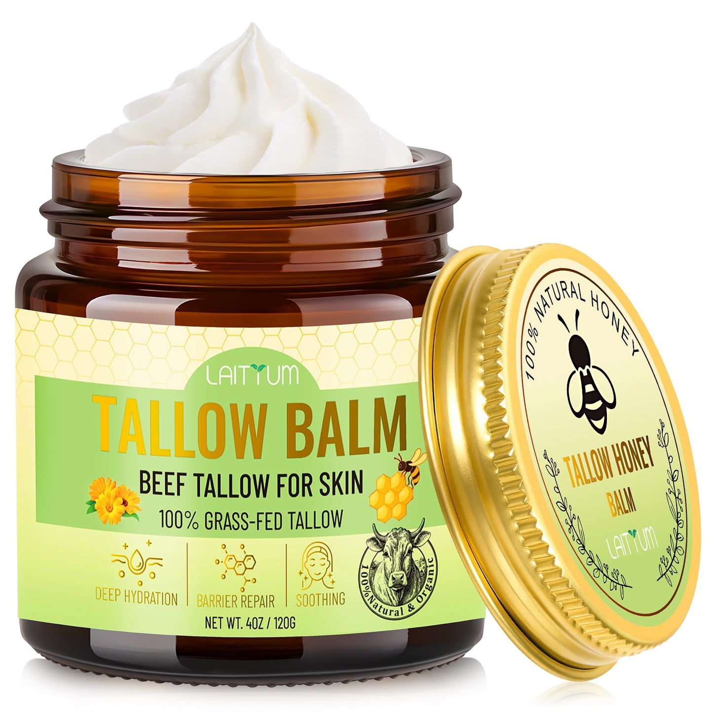 LAITYUM Beef Tallow for Skin -4oz Organic Tallow and Honey Balm for Face Moisturizer,100% Grass Fed Beef Tallow Cream,Natural Whipped Tallow Balm Deeply Nourishment for Body Dry,Cracked,Sensitive Skin