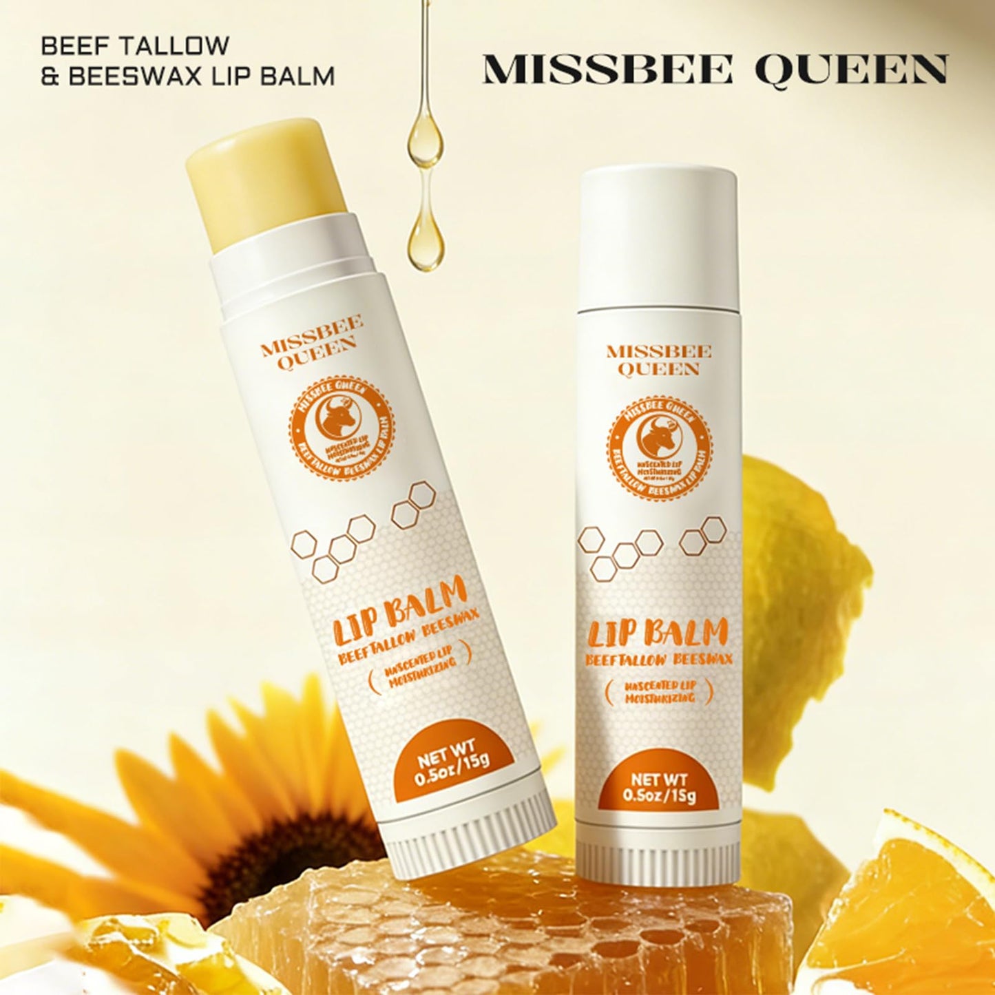 Beef Tallow Lip Balm with Original Beeswax | Dual-layer Hydrating Moisturizing for Dry Lips | Smooths Texture | Delivers Softness & Enhances Natural Shine | Unscented | 2PC (0.5 oz / 15g / 1pc)