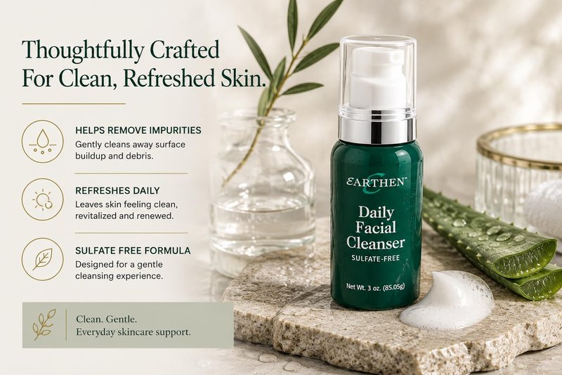 EARTHEN Daily Facial Cleanser Sulfate Free Face Wash for Women & Men, Gentle Vegan Facial Cleanser for Sensitive Skin, Removes Makeup, Oil & Dirt Without Over Drying, Daily AM PM Skincare, 3 oz