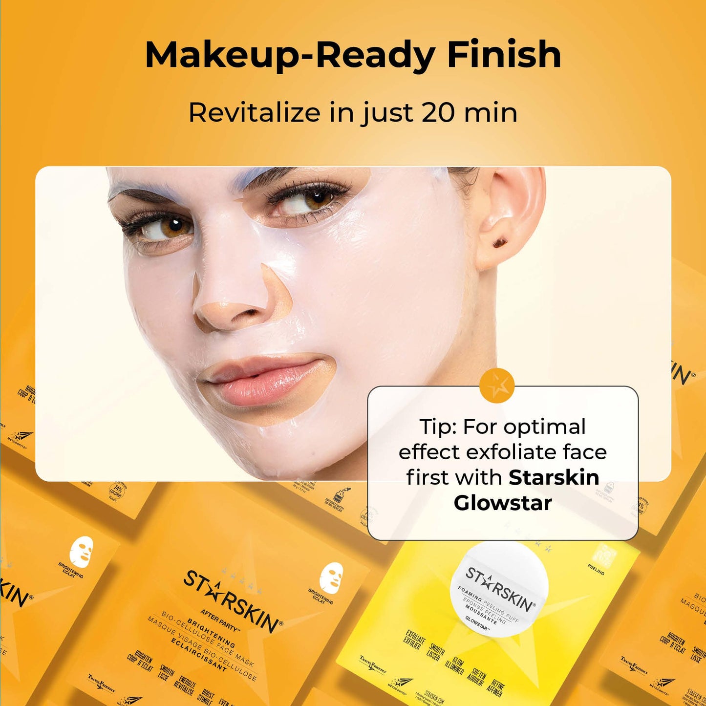 STARSKIN After Party 1x40g, Bio-Cellulose Brightening Face Mask for all Skin Types, Korean Skincare Mask infused with Vitamin C Serum and Niacinamide, Energizing and Soothing, K Beauty Skincare