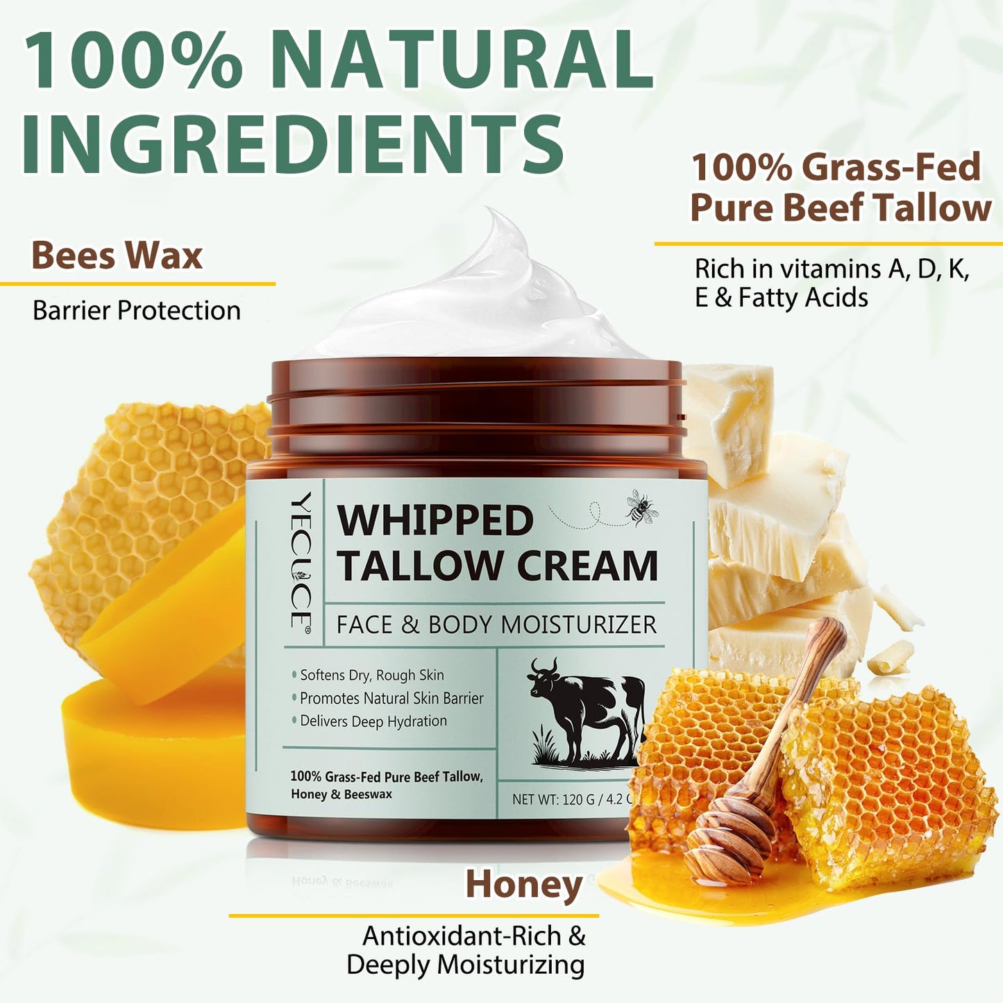 flasture Beef Tallow for Skin, Tallow and Honey Balm (4.2 oz) - Tallow Face Moisturizer, Deeply Moisturizing Grass-Fed Tallow Face Moisturizer for Body - All-Natural Hydration for Soft, Supple Skin