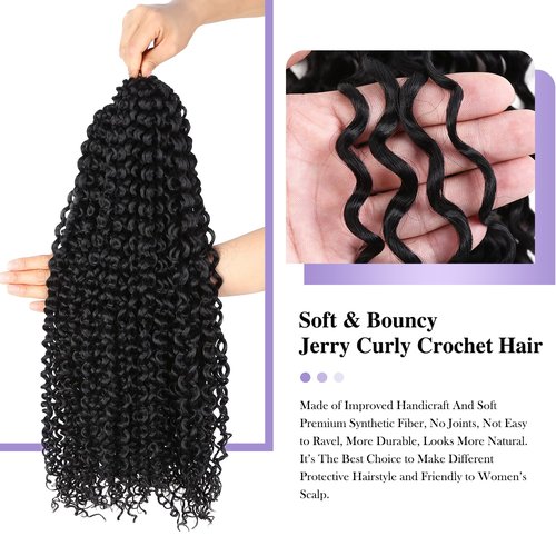 WIGER Kinky Curly Crochet Hair Braiding Hair Marlybob Black Jerry Curly Passion Twist Hair 18 Inches Long Curly Crochet Braids Weave Synthetic Kinky Twisted Hair Extensions for Locs (6 Packs, 1B)