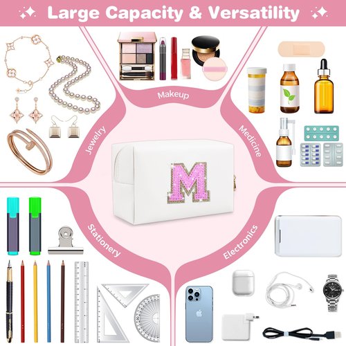 Small Initial Patch Makeup Bag Personalized Gifts Make Up Bag,White Cute PU Leather Glitter Letter Cosmetic Bag with Zipper,Trendy Portable Travel Toiletry Pouch,Preppy Stuff for Teen Girls Women M