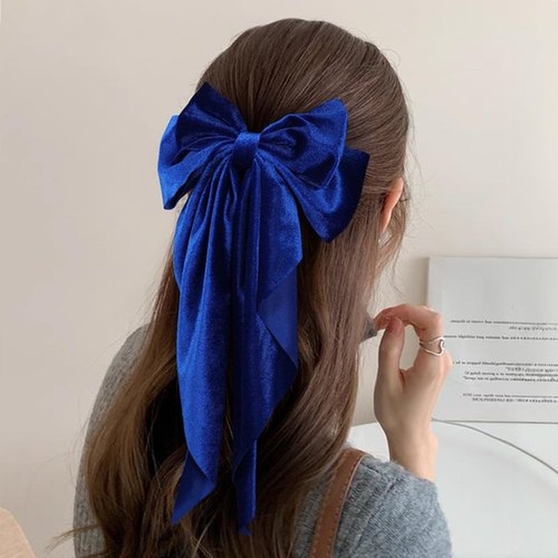 Royal Blue Big Velvet Hair Bows Long Tail For Women Girls Thick Hair,Velvet Ribbon Bowknot Hair Clips French Barrette Grip Her Wedding Dance Engagement Party Dress Decor Accessory