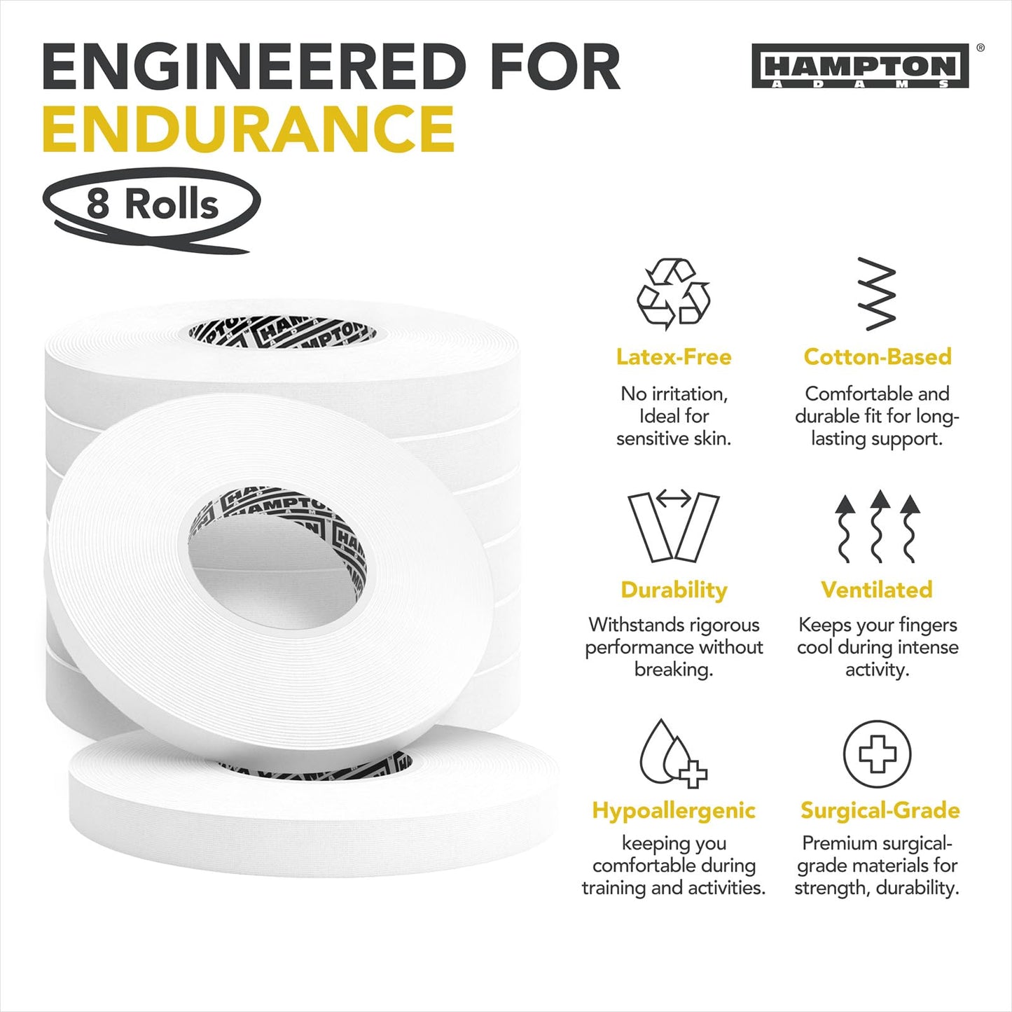 Hampton Adams | As Seen on Shark Tank | Pro Finger Tape (8-Pack) | for BJJ Bouldering Crossfit Weightlift | Non-Slip Extreme Quality No-Fray Climbing Tape | Extended Wear Super Strong Adhesive (White)