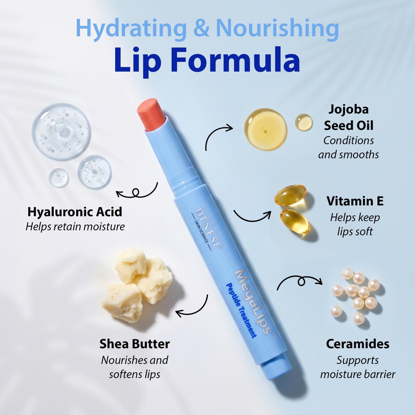 Dr. Denese MegaLips Peptide Lip Balm .06 oz – Hydrating Lip Care with Hyaluronic Acid, Ceramides & Shea Butter – Moisturizing Formula for Smooth Soft Lips with Natural Shine – Cruelty-Free – Peach