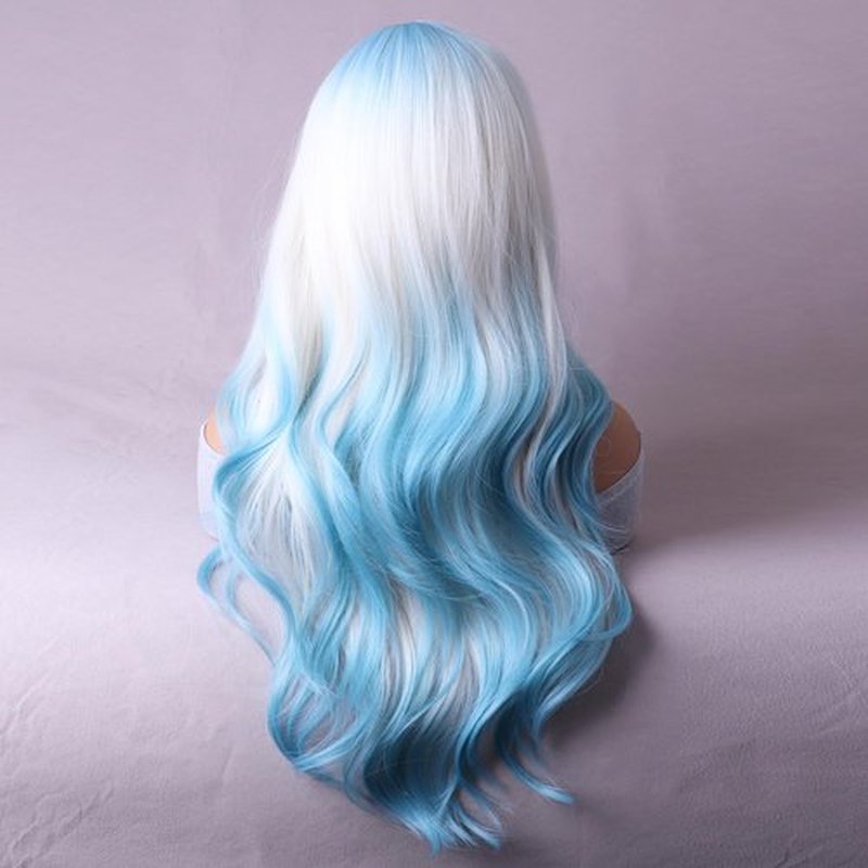 RightOn Blue Ombre Wig Long Wavy Wig Ombre Blue Wig with Bangs Blue Wigs with Wig Cap