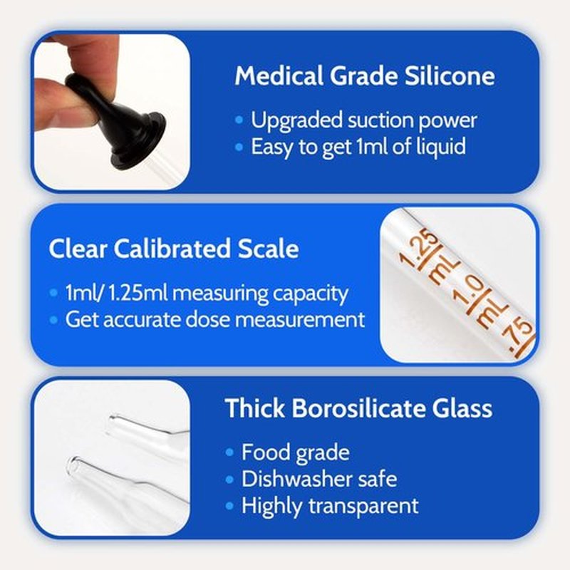 BAKOTAKA Eye Dropper - (Pack of 6) Straight Tip Calibrated Glass Medicine Droppers, 1mL Capacity Oils Pipette Dropper for Accurate Easy Dose and Measurement