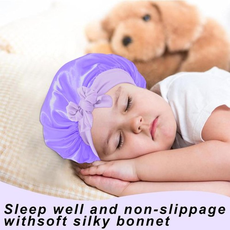 3Pcs Kids Silk Satin Bonnet for Sleeping - Baby Hair Sleep Bonnet,Kids Bonnets for Girls Toddler Child with Wide Elastic Tie Band,Sleep Cap Night Hair Hats for Curly Natural Hair(Purple+Blue+Gold)