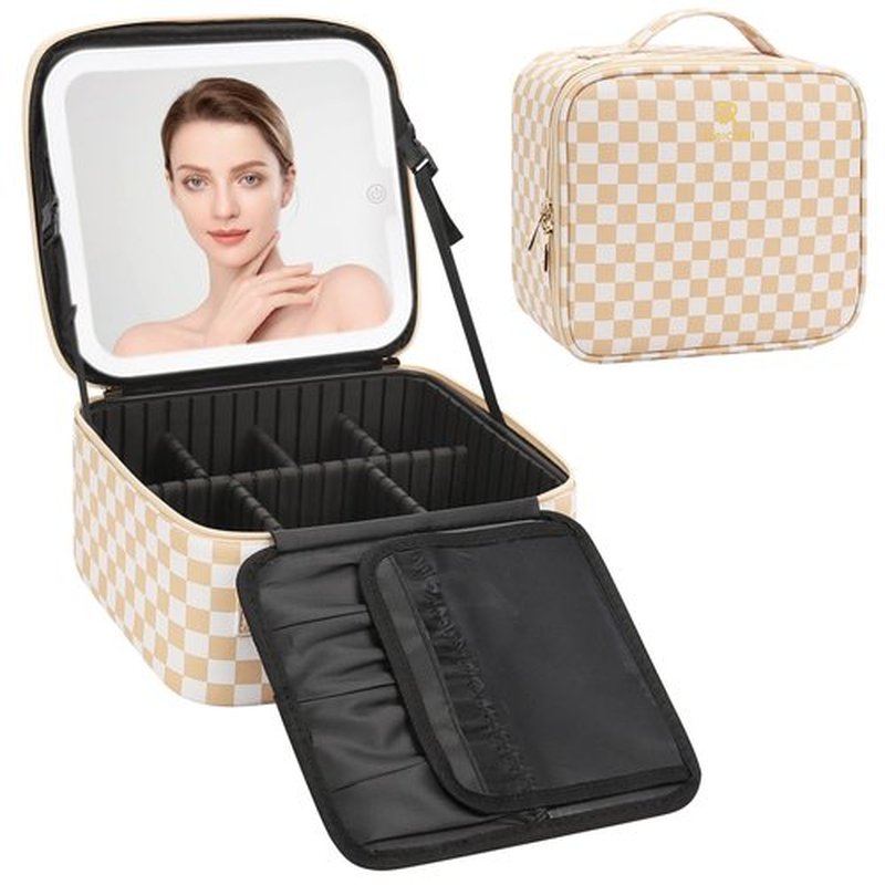 Relavel Travel Makeup Bag With LED Mirror, Cosmetic Train Case with Light up Mirror, Portable Makeup Artist Organizer Bag with Adjustable Dividers, Makeup Brush Holder Storage, Plaid