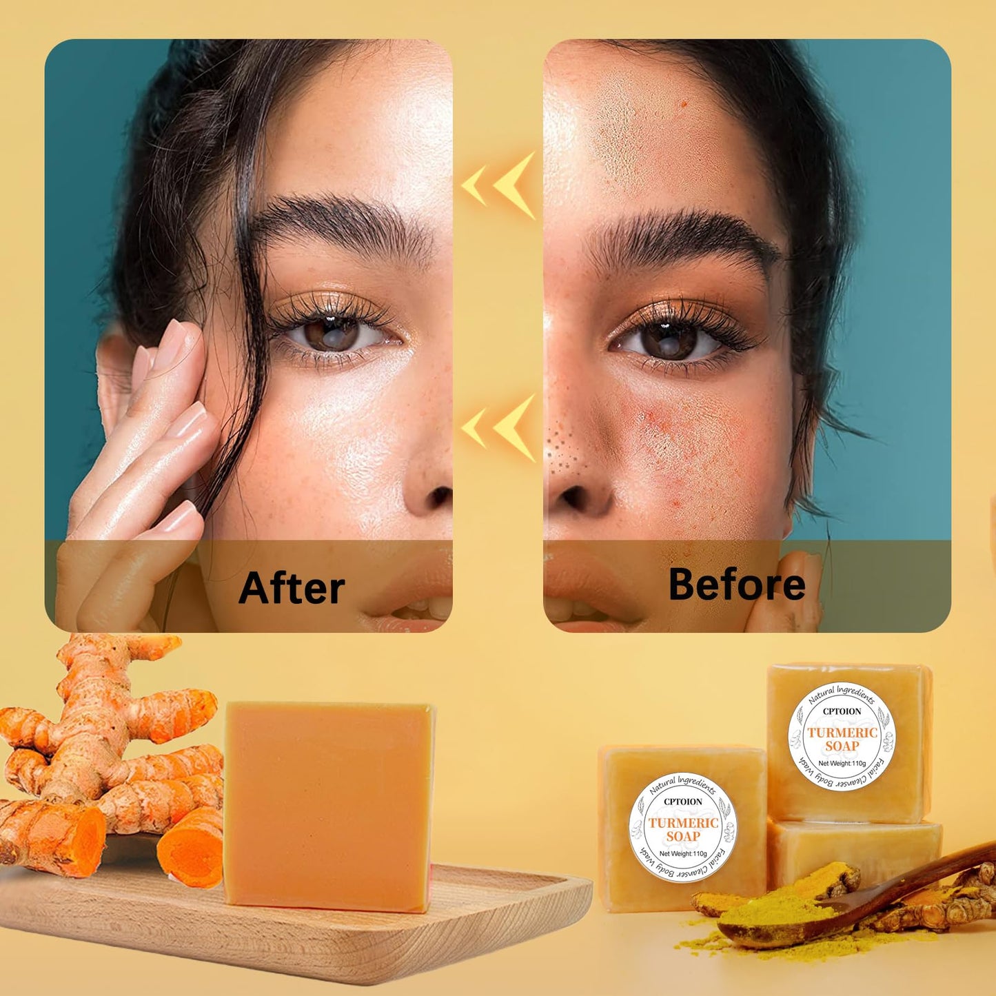 Cptoion 2 PCS Turmeric Soap Bar for Face and Body,Gentle Turmeric Face Soaps,Skin Soaps for All Skin Types