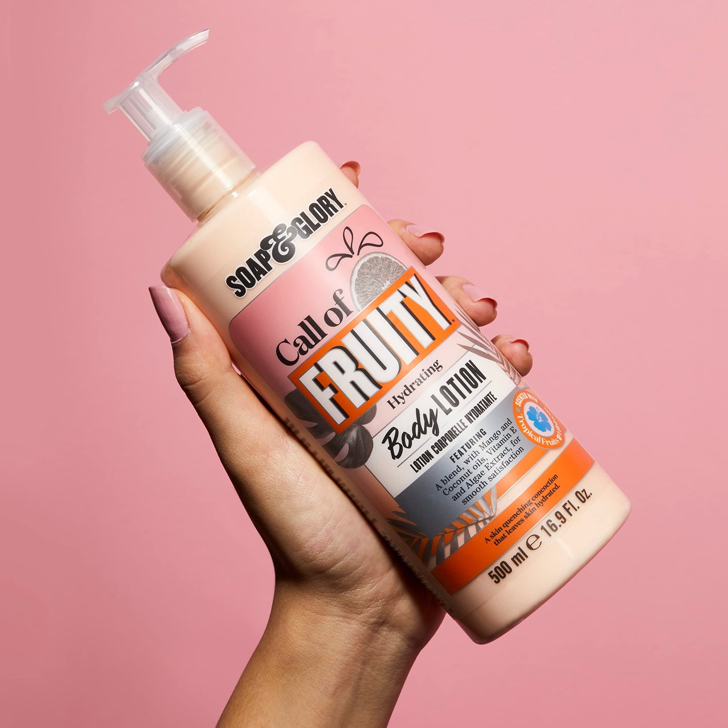 Soap & Glory Call of Fruity Vegan Body Lotion - Moisturizing Body Lotion with Vitamin E, Coconut Oil & Aloe Extracts - Tropical Fruits, Juicy Melon & Hibiscus Cocoa Butter for Dehydrated Skin (500ml)