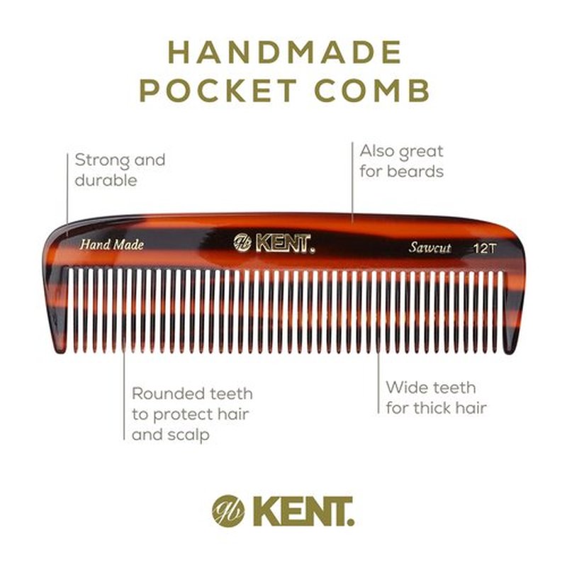 Kent 12T Wide-Tooth Detangling Comb - Handmade Pocket Comb for Thick, Curly, Wavy Hair - Large Saw-Cut and Hand-Polished Grooming Comb for Hair, Beard, and Mustache