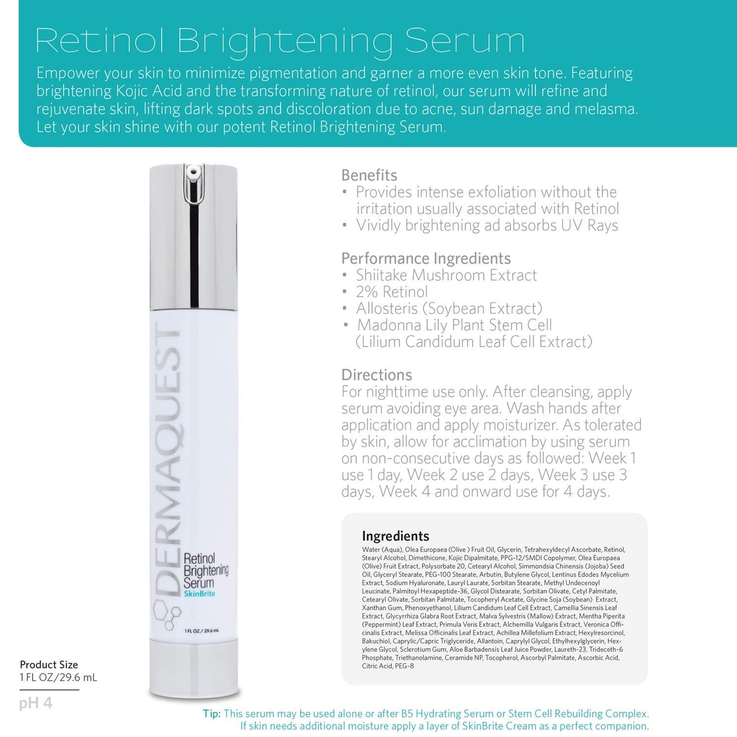 DermaQuest SkinBrite Skin Brightening Retinol Serum - Nighttime Anti Aging Facial Serum Treatment for Dark Spots, Pigmentation & Sun Damage - Anti Irritation Formula (1oz)