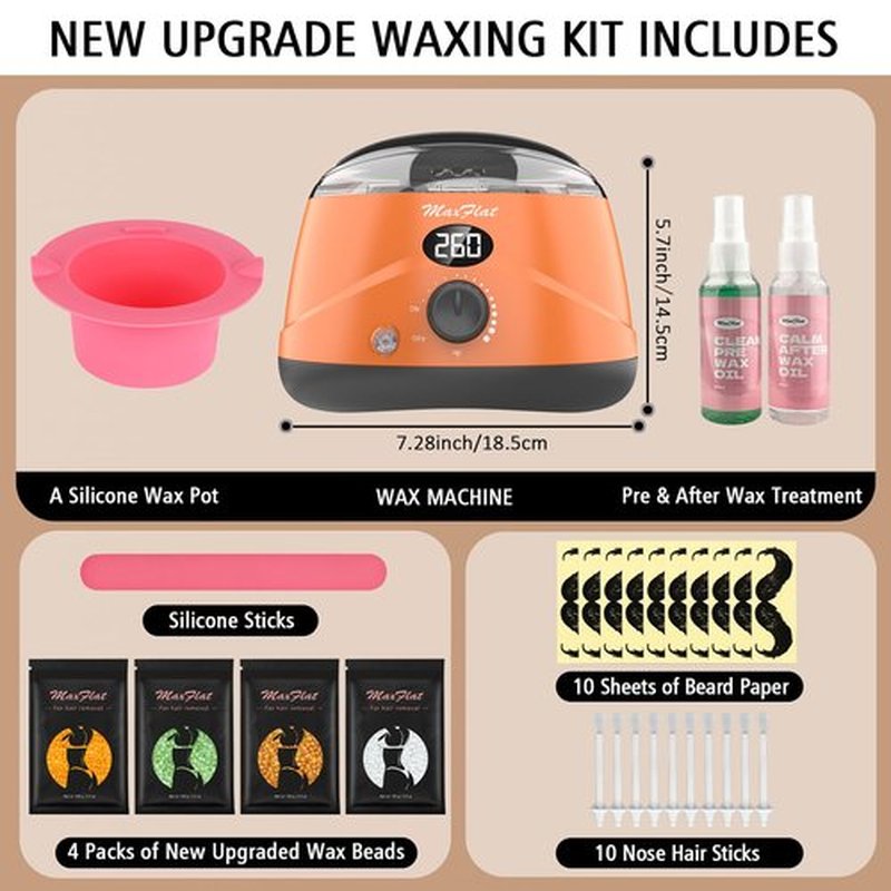 MaxFlat Waxing Kit for Women and Men, Digital Wax Pot Hard Wax Kit with Upgrade Brazilian Wax for Full Body Armpit Leg Bikini Waxing (Orange)