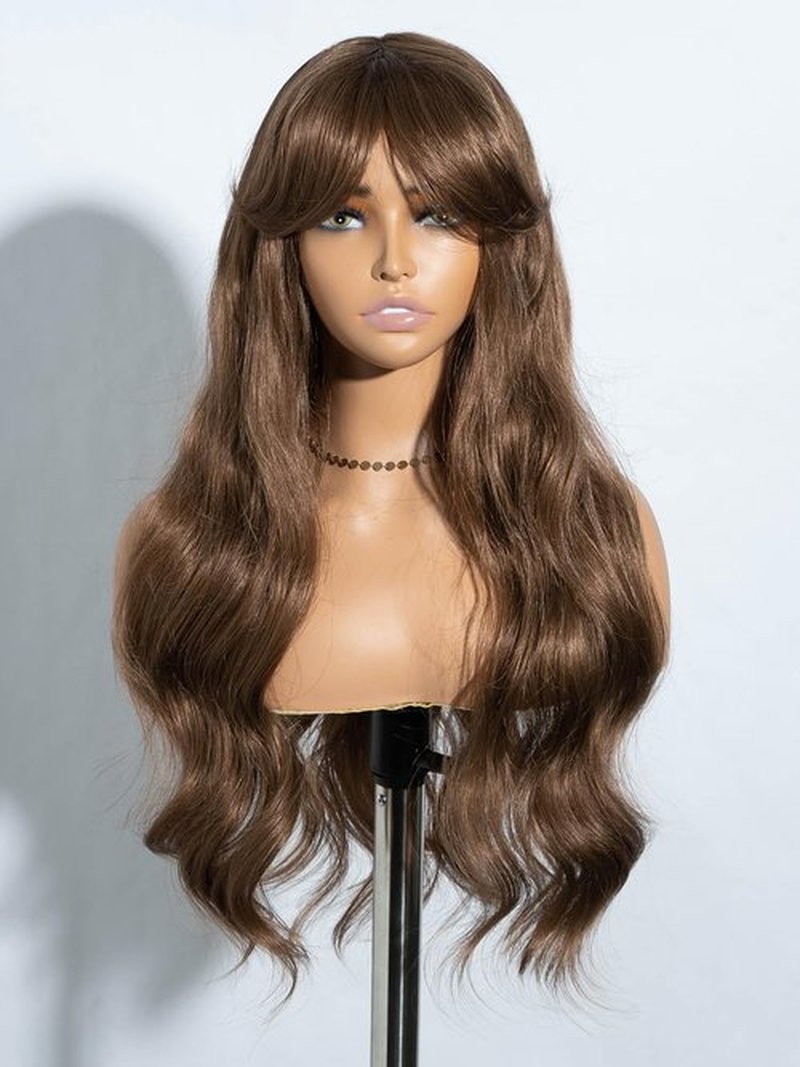 JOEDIR HAIR Brown Wig with Bangs Long Wavy Wigs for Women Curtain Bangs Wig 26 Inch Synthetic Wig Halloween Costumes Cosplay Party Wigs (Color:6)