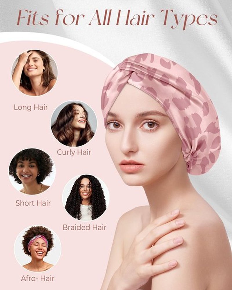 Miss Adola Silk Bonnet for Women - Mulberry Silk Sleep Cap for Hair Care with Eye Mask & Scrunchie 19 Momme Night Cap Sleeping Set with Elastic Stay On Head, Leopard