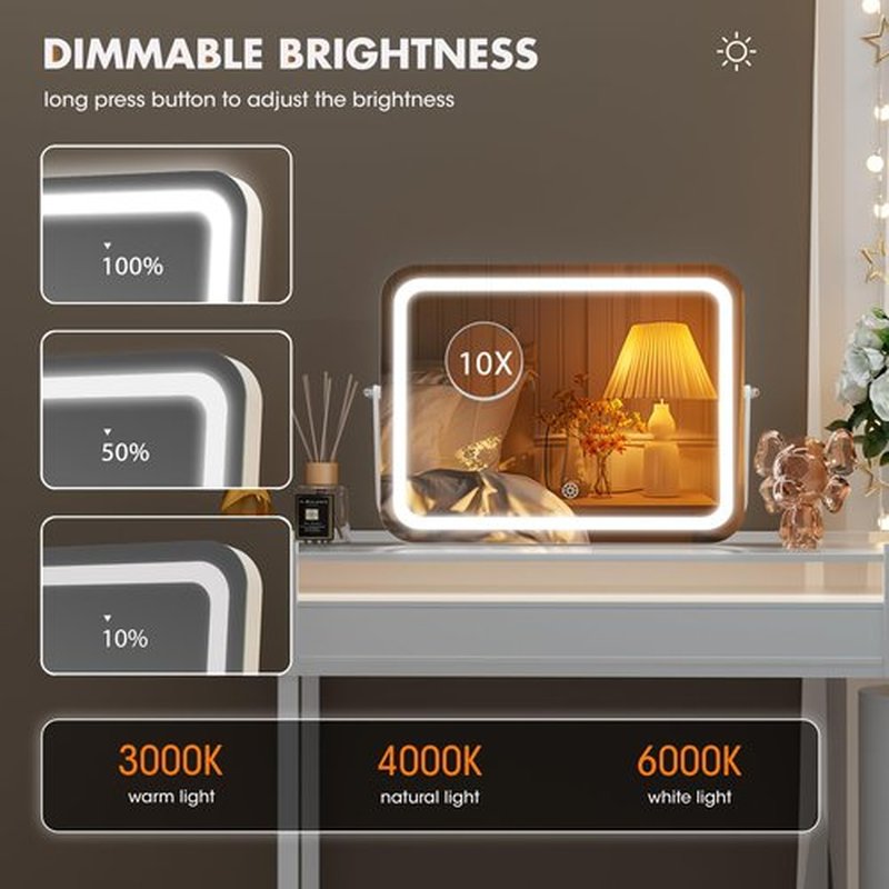 Hasipu Vanity Mirror with Lights, 18" x 14" LED Makeup Mirror, 3 Modes Light, Smart Touch Control Dimmable, 360°Rotation, Rounded Rectangle White Frame, with 5X Magnifying Glass