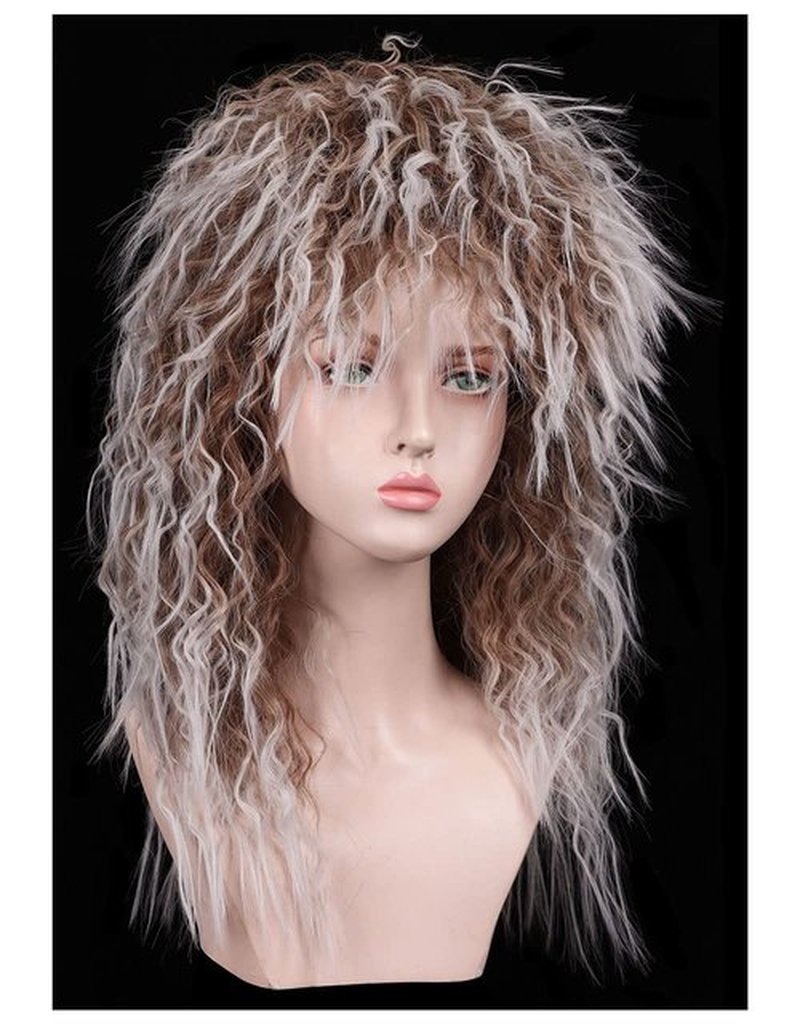 FantaLook Long Cruly 80s Wig with 2 Tattoo Sleeves for Women