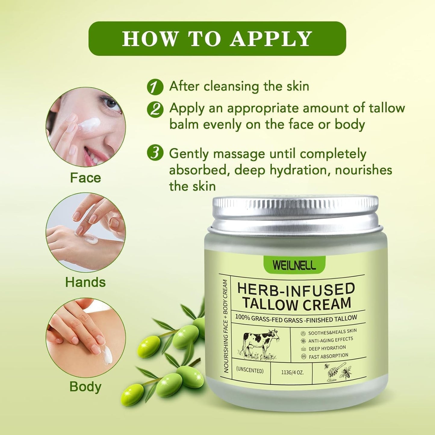 WEILNELL Beef Tallow for Skin, Tallow Face Moisturizer (4 Oz), Organic Grass Fed Beef Tallow Blam, Natural Moisturizer Hydrating Beef Tallow Cream, Deeply Moisturizing for Face & Body Skincare