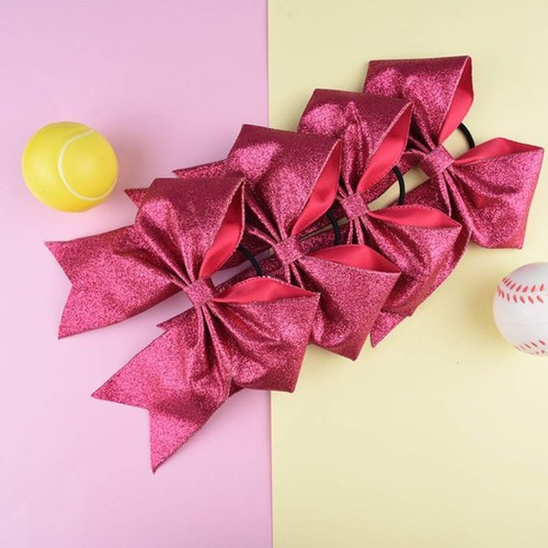 DEEKA 12 PCS 7" Large Glitter Cheer Bows Shiny Cheer Hair Bows Ponytail Holder Handmade for Cheerleader Girls Softball Sports -Pink