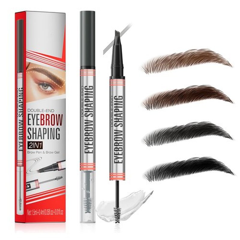 Microblading Eyebrow Pen, Eyebrow Pencil with 4-Fork Tip & Shaping Brow Gel, Waterproof 2-in-1 Dual-Ended Eye Brow Pencils for Women & Brow Glue Makeup Kit for Natural-Looking Brows Makeup,Grey