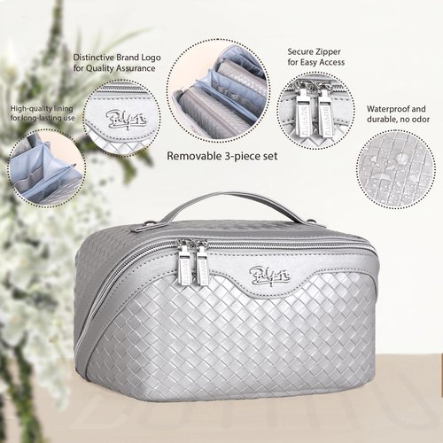 Travel Makeup Bags Cosmetic Organizer Bag: Large Capacity Make up Bag Set of 3 - Vegan Leather Toiletry Bag for Women - Portable Makeup Organizer with Compartments & Handle & Divider (04 Silver)