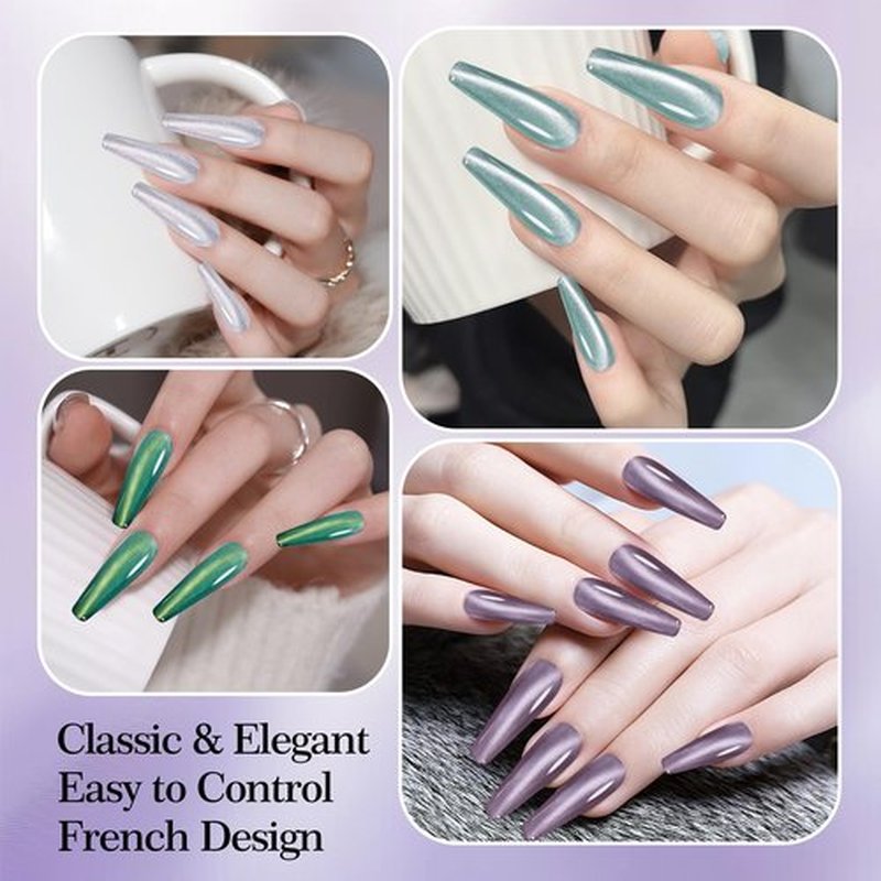 Adhere 8Pcs 12ML Cat Eye Soak Off UV LED Gel Nail Polish Flower and Grass Series,Green Crystal Mint Tea Soft Pink Glitter Cat Eye with Magnet