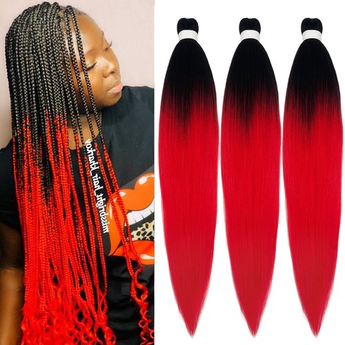 UPruyo Red Ombre Braiding Hair Pre Stretched Prestressed Braiding Hair Ombre Weave Colored Hair Extensions for Braids Fake Synthetic Hair for Braiding (26 In 3 Packs)